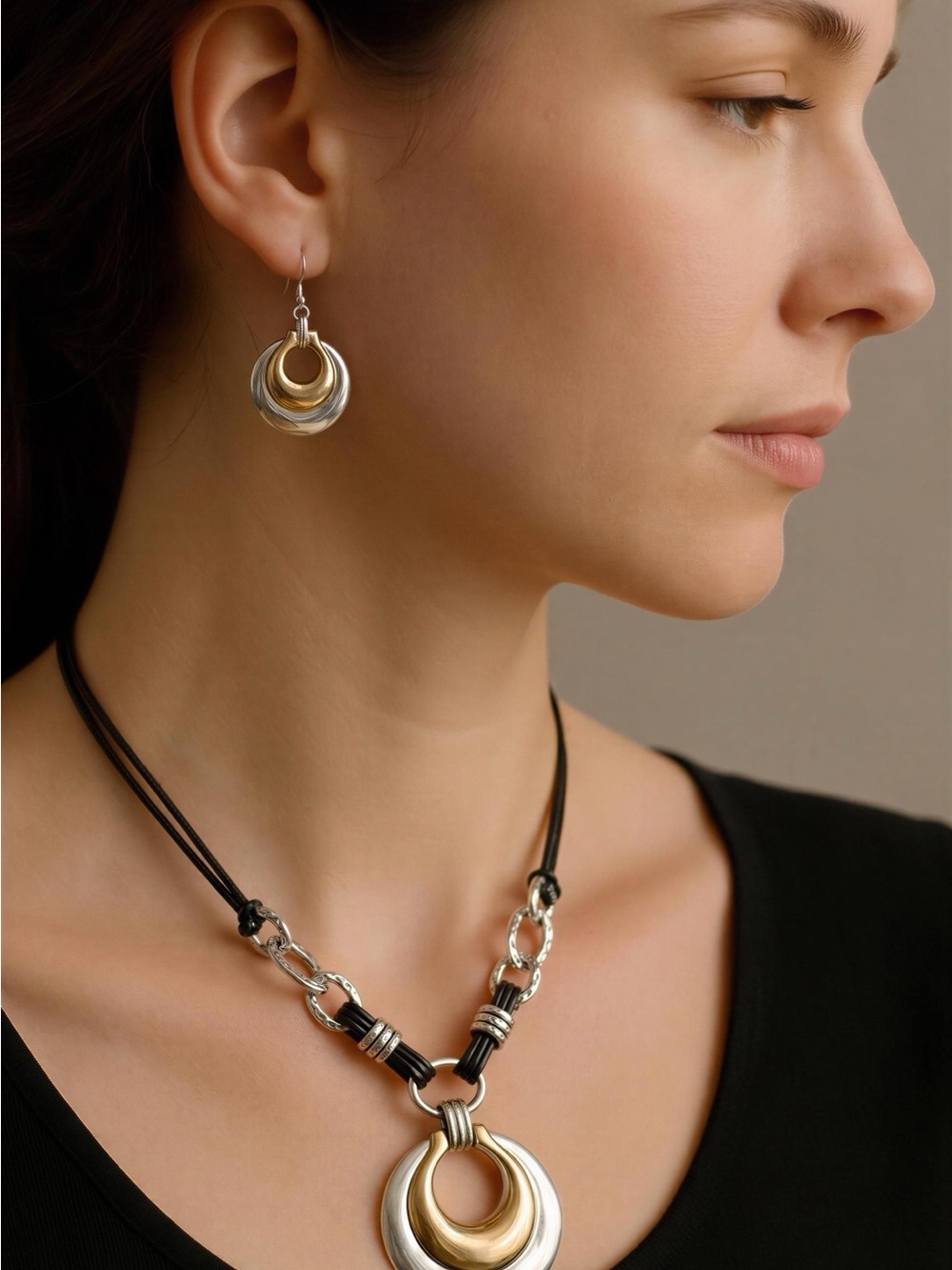 Two-Tone Silver & Gold Circular Pendant Necklace and Earring Set